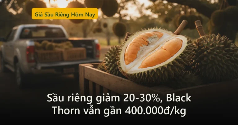 Sầu riêng bổ đôi lộ múi vàng bên cạnh xe bán tải chở sầu riêng, minh hoạ giá sầu riêng biến động